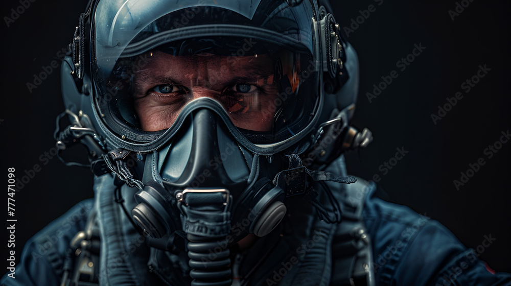 Male in firefighter helmet, fighter pilot in flight. Pilot Wearing Mask And Helmet In Cockpit Of Fighter Jet, Portrait of fighter pilot, cockpit view, Generative Ai