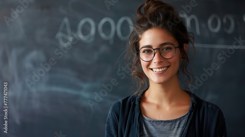 A serene young teacher with a welcoming smile, standing by a chalkboard in an empty classroom