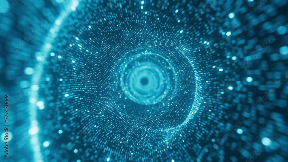 Seamless reversible loop with tunnel of blinking dots flying through space. Perfect loopable hi tech abstract light blue background for logo or text. AI,big data transfer. Artificial intelligence