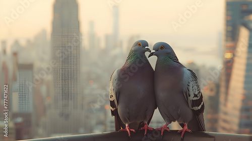 A pair of pigeons engaged in a tender moment, beaks touching affectionately, set against a backdrop of a bustling city skyline, with skyscrapers fading into a soft, blurred haze photo