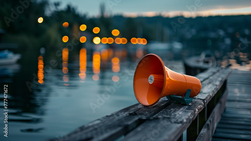 On a peaceful lakeside, an orange megaphone rests on a weathered dock, the bokeh lights of distant boats dancing on the water's surface