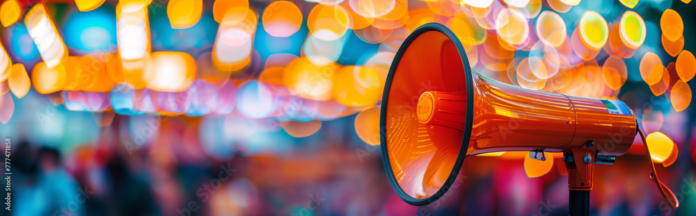 Obraz premium At a bustling fairground, an orange megaphone rests on a colorful carnival booth, the bokeh lights from the rides swirling around it