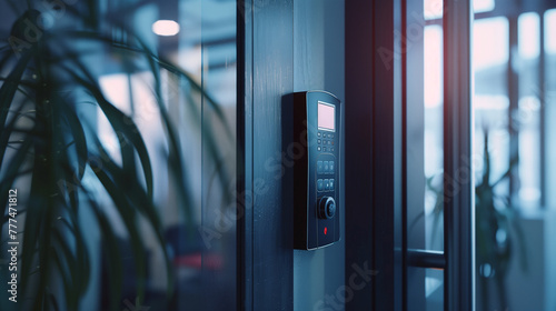 A closeup of a fingerprint scan access control system machine on a wall near the entrance door of an office emphasizes security and technology