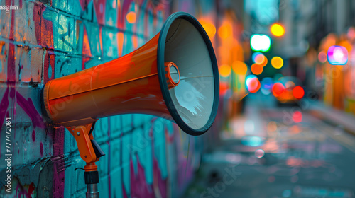 In an urban alleyway, an orange megaphone leans against a graffiti-covered wall, and the bokeh lights from passing cars create a dynamic backdrop
