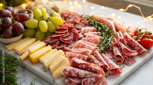 A platter of meats, cheese and grapes on a table, AI