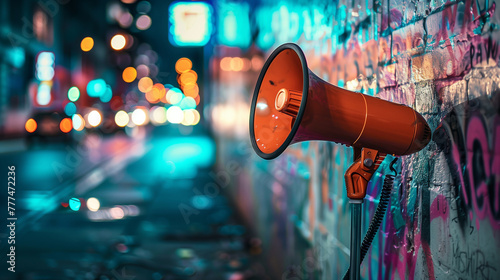 In an urban alleyway, an orange megaphone leans against a graffiti-covered wall, and the bokeh lights from passing cars create a dynamic backdrop © AI Eye