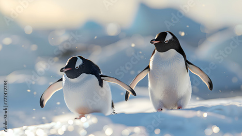 A pair of playful Ad  C lie penguins sliding gracefully on their bellies across a snow-covered slope  with a spacious area for text overlay and a softly blurred backdrop of Antarctic vistas