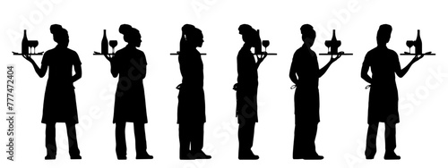 Vector concept conceptual black silhouette of a female waiter serving drinks from different perspectives isolated on white background. A metaphor for working, business, relaxation and lifestyle