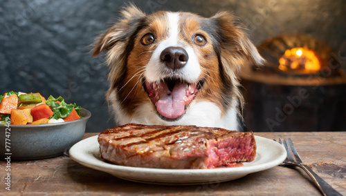 Cooked steak placed on a plate in front of a cute dog