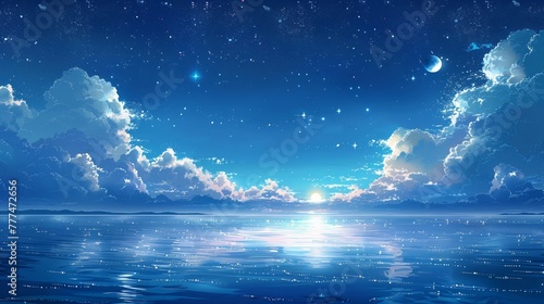 Watercolor illustration background of a romantic night sky and clouds
