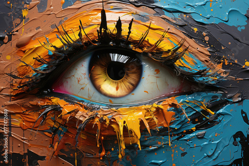 Intricate close-up of a hazel eye amidst vibrant paint streaks and detailed lashes, showcasing artistic expression and intense emotion in one frame.