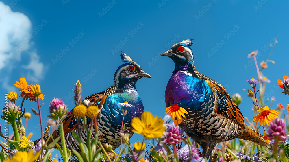 A pair of quails nestled among vibrant wildflowers, their iridescent plumage shining under the clear blue sky, offering plenty of room for text