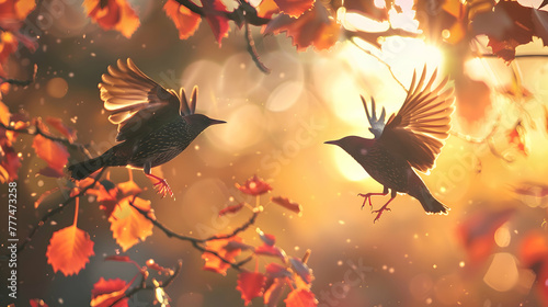 A pair of starlings engaged in a playful mid-air chase, against a backdrop of colorful autumn leaves and the soft glow of a setting sun photo