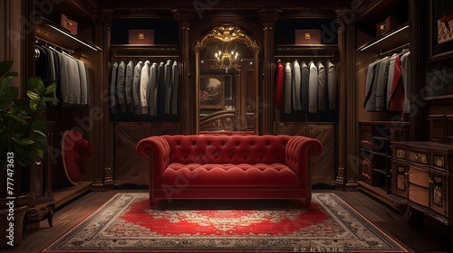 an AI-generated scene that portrays the sophistication of a lavish men's dressing room, with a plush red sofa and an impressive display of top-tier suits attractive look photo