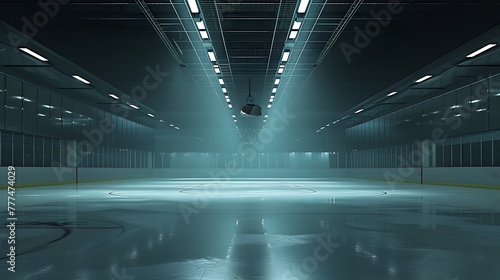 a virtual artwork featuring an empty ice hockey arena with mesmerizing spotlight reflections attractive look