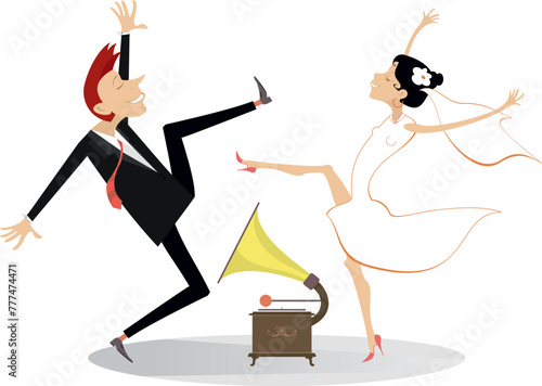 Dancing married wedding couple. 
Vintage record player and dancing happy man and woman in the white dress and wedding veil. Isolated on white background
