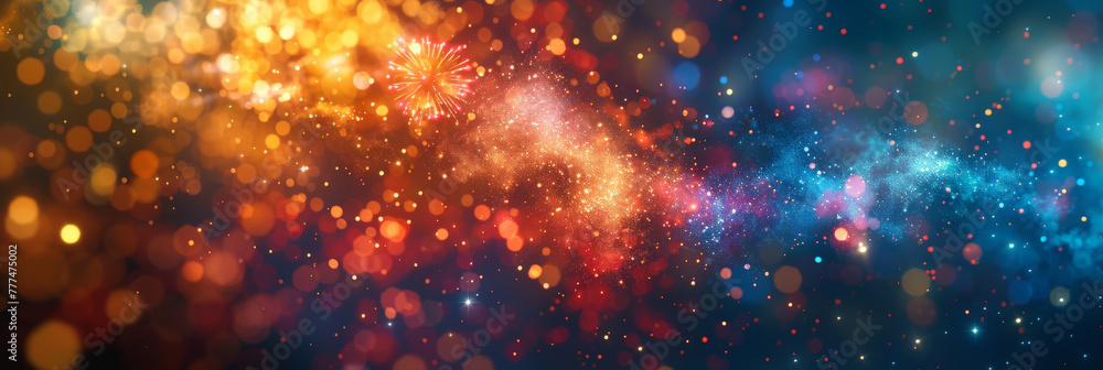 Happy New Year, Beautiful creative holiday background with fireworks and Sparkling, space for text, banner, colorful fireworks with bokeh light background