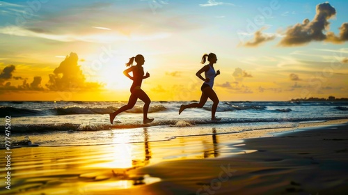 Two women running on the beach at sunset, silhouettes against sea and sky, sunlight reflection in water, beautiful scenery, sportswear, lifestyle concept