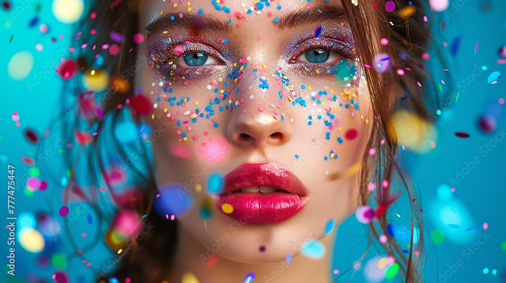 beleza com confete preso nos lábios, retrato de moda colorido beleza com confete preso nos lábios, retrato de moda colorido