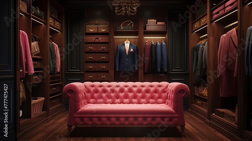 an AI-generated visual feast showcasing the interior of an upscale male wardrobe, complete with a chic pink sofa and an assortment of premium-quality suits attractive look photo