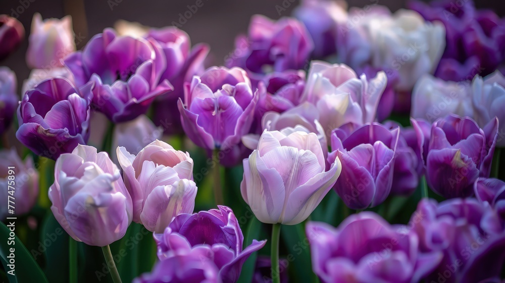 A dense cluster of purple and white tulips, their petals intermingling to form a rich and luxurious floral backdrop. A dense cluster of purple and white tulips, their petals intermingling to form a rich and luxurious floral backdrop.