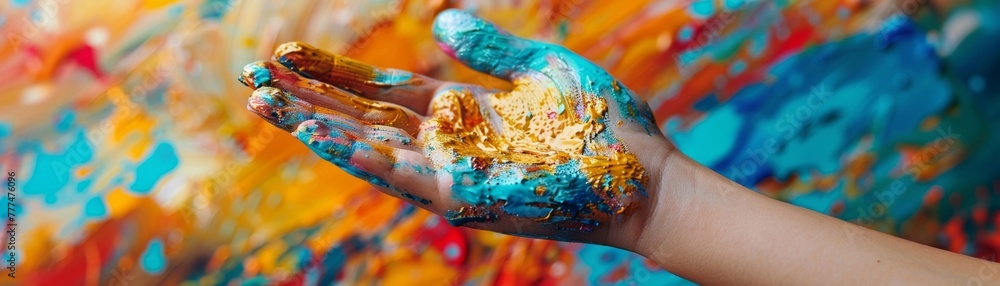 Obraz premium A child is playfully creating art with bright paint, their hand a kaleidoscope of colors. This image captures the essence of a joyful and imaginative youth in contrast with a contemporary setting.