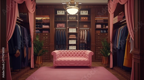 an AI-generated visual feast showcasing the interior of an upscale male wardrobe, complete with a chic pink sofa and an assortment of premium-quality suits attractive look photo