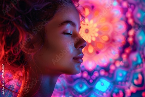 Decorate your space with a vibrant neon artwork of a young girl holding a lotus flower surrounded by a mandala design. Perfect for adding a touch of freedom, introspection, and creativity to any room.