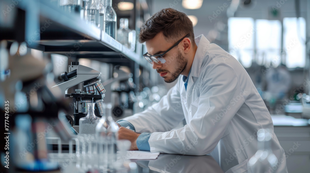 Male Scientist Analyzing Samples Laboratory Environment lab coat research Male Scientist Analyzing Samples Laboratory Environment lab coat research