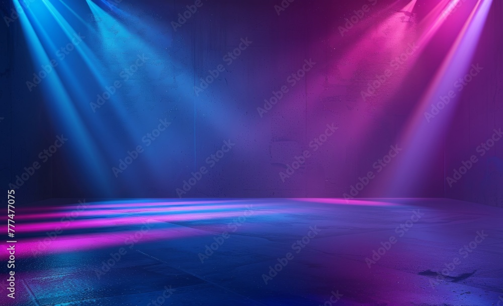 Dark blue background with neon light, blue and purple rays of color light on the wall, modern minimalistic abstract background for presentation design Generative AI