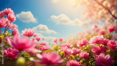 A sea of vibrant pink flowers under a glorious blue sky with wispy clouds evokes a sense of freedom and boundless possibility