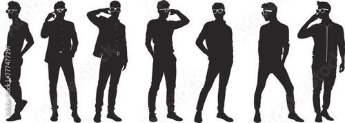 A collection of male silhouettes in various casual stances, each with a unique pose, isolated on a white background.
