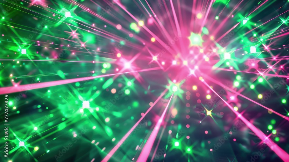 Fototapeta premium A dazzling disco party scene, depicted in a banner with radiant lasers in green and pink, giving a futuristic and energetic vibe.