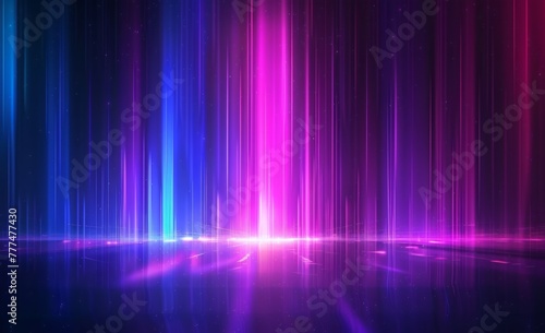 Abstract background with blue and purple neon lights  glowing stripes on dark backdrop Dark room with light beams  virtual space for presentation or display of products Generative AI