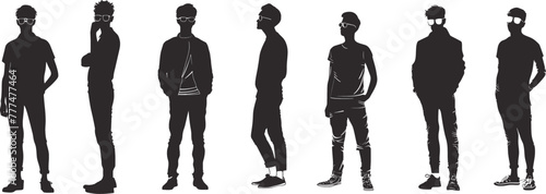 A series of black silhouettes depicting young men in fashionable attire, each adopting a different modern pose.
