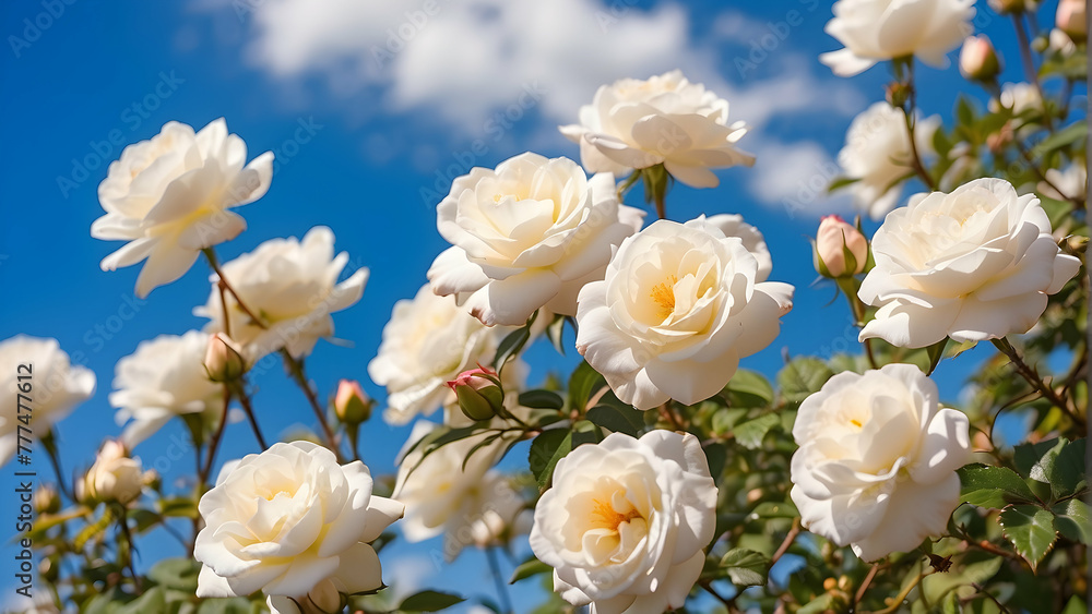 Beautiful white roses in full bloom set against a clear blue sky ...
