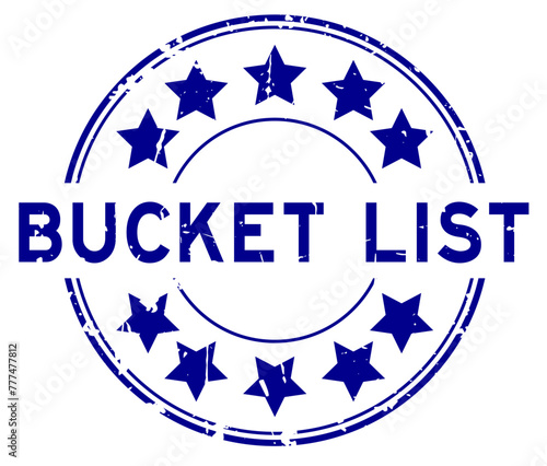 Grunge blue bucket list word round rubber seal stamp on white background