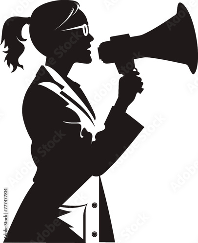 Silhouette of a professional woman with a ponytail, using a megaphone to announce or lead, symbolizing leadership and communication.
