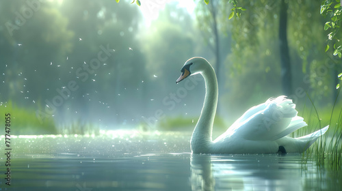 A regal swan gracefully stretching its neck amidst a tranquil pond  with soft focus showcasing the verdant surroundings and ample copy space for contemplation