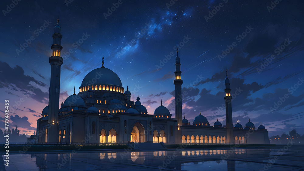 a mosque with a blue mosque and a sky with the stars in the background