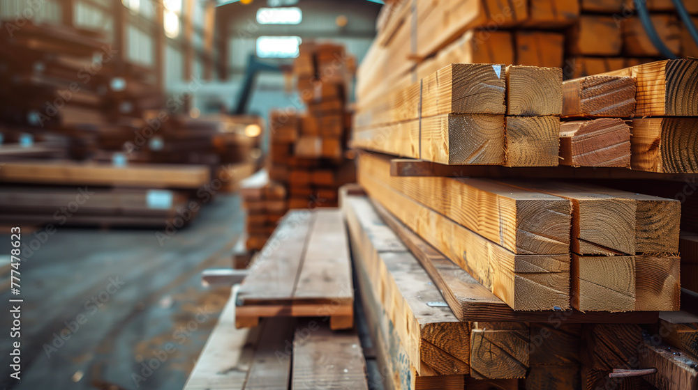 Stacked pine lumber at a warehouse, essential for construction and carpentry. Stacked pine lumber at a warehouse, essential for construction and carpentry.