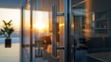 Horizontal AI illustration sunset reflection on modern glass door. Architecture, buildings concept.