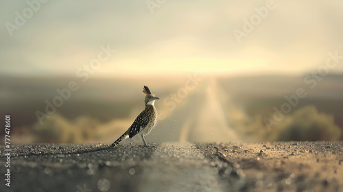 A Roadrunner pausing on a deserted highway, with a vast expanse of arid landscape stretching into the distance, blurred by the heat haze of the desert sun photo