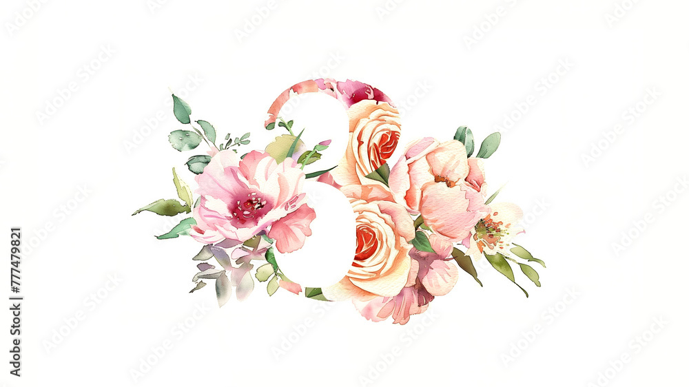 The digit 3 is painted in watercolor surrounded by flowers. «Three» is depicted in the style of handwritten capital letters, suitable for illustrations and greeting cards.
