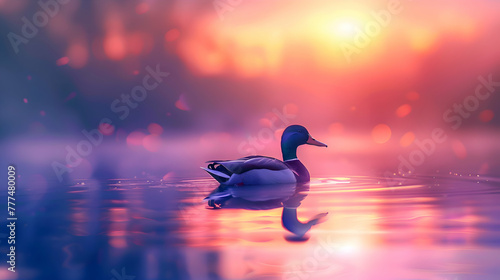 A serene duck gracefully gliding across a glassy pond at sunset, its tranquil reflection mirroring the vivid hues of the sky, enveloped in a dreamy, blurred ambiance photo
