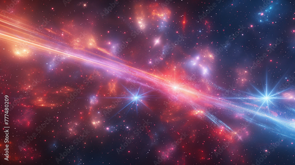 A cosmic background with colorful red and blue laser lights.