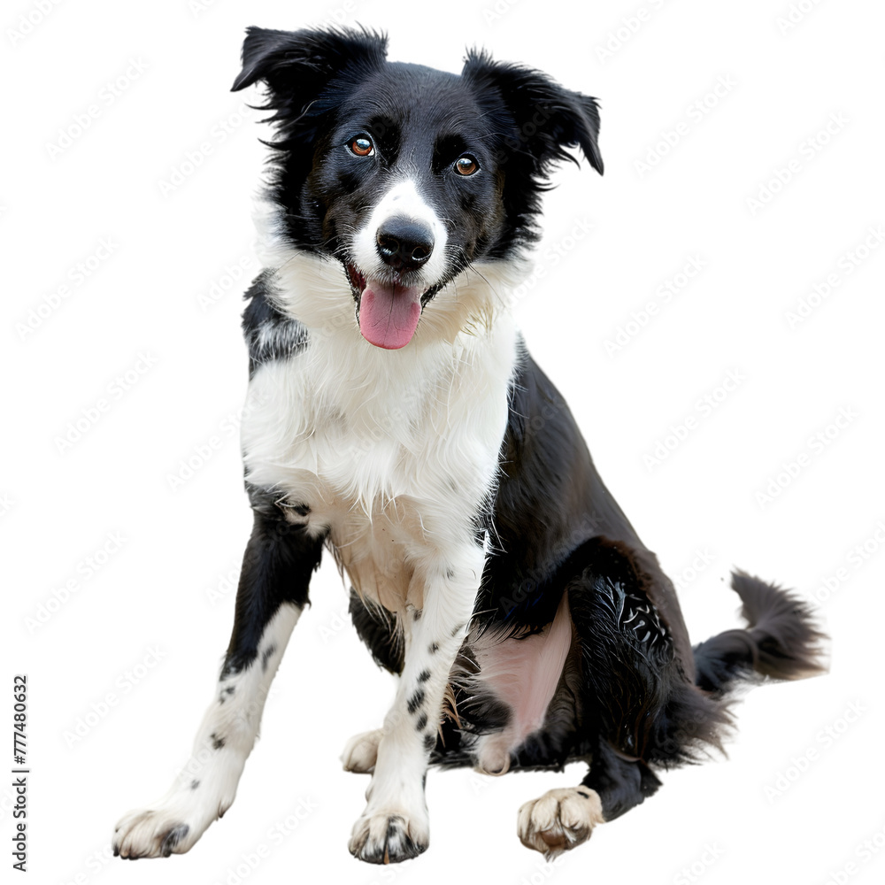 A black and white dog with a white spot on its face is staring at the camera. The dog's expression is serious and focused. Generative AI