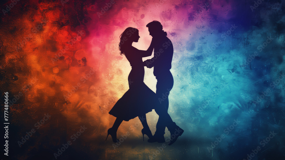 silhouette of a dancing couple, colorful background