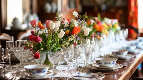 A table with a vase of flowers and plates on it, AI