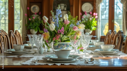A table with a vase of flowers and glasses on it, AI